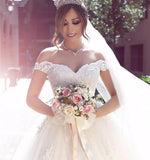 Sexy Ball Gown Off the Shoulder Sweetheart Ivory Tulle Lace Appliques Wedding Dresses