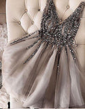 Luxurious Sequins Beaded V Neck Tulle Short V Back Gray Prom Dress Homecoming Dress