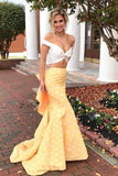 Two Piece Off-the-Shoulder White and Yellow Zipper V-Neck Mermaid Long Prom Dresses