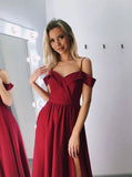 Simple Burgundy Off-the-shoulder Split Long Prom Dresses Evening Dresses