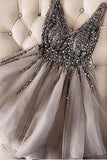 Luxurious Sequins Beaded V Neck Tulle Short V Back Gray Prom Dress Homecoming Dress