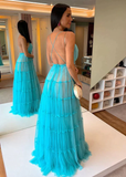 Spaghetti Straps Tulle Open Back Formal Prom Dress