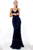 Mermaid Deep V Neck Royal Blue Lace Appliques Backless Spaghetti Straps Prom Dresses