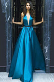 A-line V-Neck Halter Sweep Train Blue Sleeveless Elastic Woven Satin Backless Prom Dress