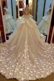 Lace Appliqued And Flowers Chapel Train Pretty Ball Gown Wedding Dresses