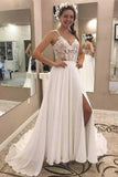 A Line V Neck Open Back Chiffon Ivory Lace Long Lace up Wedding Dresses with Appliques