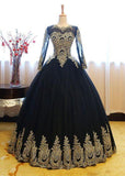 Ball Gown Long Sleeve Gold Rose Red Tulle Round Neck Lace up Prom Quinceanera Dresses