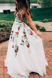 A Line Deep V Neck Ivory Lace Backless Embroidery Party Dresses Printed Prom Dresses