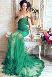 Gorgeous Green Mermaid V-Neck Lace Applique Sequins Beaded Tulle Prom Dresses