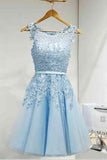 Light Sky Round Neck Tulle Appliques Short Sleeveless Graduation Homecoming Dress