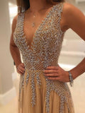 2024 A-line V-neck Nude Tulle with Slit Sexy Shinny Rhinestone Long Prom Dresses