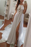 Elegant Sexy Simple Lace Chiffon Long White Halter with Slit Prom Dresses