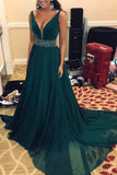 Elegant A Line Beads Green V Neck Long Chiffon Sleeveless Prom Dresses