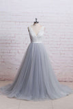 A-Line V-Neck Ivory Lace Bodice Grey Tulle Skirt Chapel Train Appliques Wedding Dress