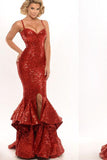 Spaghetti Straps Red Sequin Long Mermaid Front Slit Sparkle Long Prom Dresses