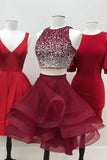 A-line Halter Sleeveless Sweetheart Organza Burgundy Short Prom Dresses Homecoming Dress