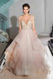 Fashion Ball Gown Lace Sheer Illusion Tulle Backless Long Asymmetrical Wedding Dress