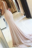 Sheath V Neck Pearl Pink Backless Beads Slit Satin Mermaid Sleeveless Prom Dresses