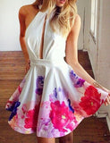 Short Halter Sleeveless Keyhole Homecoming Party Dress Printed Flowers