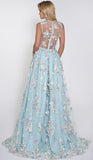 V-Neck Sleeveless Blue Tulle Appliques Long A-line Sleeveless Prom Dresses