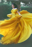 Stylish A-Line Off-Shoulder Yellow Chiffon Evening Dress with Beads Prom Dresses