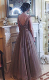 Gorgeous A-Line Backless Cap Sleeves Scoop Tulle Brown Long Prom Dresses