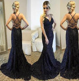 Spaghetti Straps V-Neck Black Mermaid Sparkly Sexy Beads Tulle Unique Prom Dresses