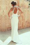 Long Sleeve Mermaid High Neck Lace Appliques Open Back Ivory Long Wedding Dresses