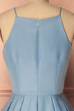 A Line Blue Halter Sleeveless Short Satin Knee Length Homecoming Dress