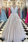 A-Line V-Neck Appliques Open Back Ivory Sleeveless Beads Evening Prom Dresses