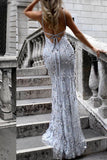 Sexy V-Neck Spaghetti Straps Grey Mermaid Sequined Backless Sleeveless Evening Dresses