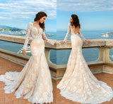 2024 White Lace Mermaid Deep V-Neck Backless Long Sleeve Wedding Dresses