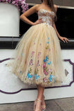 Elegant Strapless Sweetheart Appliques Tulle Tea Length Prom Dresses