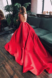 Elegant A-Line Red Simple Cheap Round Neck Cap Sleeve Backless Long Prom Dresses