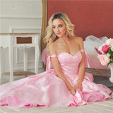 A-Line Pink Off the Shoulder Sweetheart Satin Lace up Hi-Lo Prom Homecoming Dresses