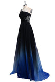 One Shoulder Blue and Black Chiffon A-Line Ombre Appliques Open Back Prom Dresses