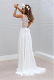 Elegant A-Line Bowknot Chiffon Open Back V-Neck Lace Sleeveless White Wedding Dress