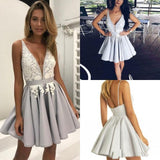 Light Lavender A-Line Deep V Neck Short Sleeveless Appliques Pleats Cheap Homecoming Dress