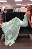 Mint Green Lace Spaghetti Straps Evening Dresses Mermaid Long Prom Dresses