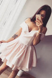 A-Line Off-the-Shoulder V-Neck Ruffles Short Pink Mini Satin Homecoming Dress