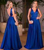 Royal Blue Satin V-neck A-line Floor-length Ruched Backless Prom Dresses