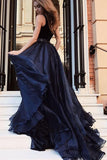 Gorgeous A Line Open Back Sleeveless With Split Side Dark Blue V Neck Prom Dresses