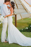 Elegant Mermaid Lace V-neck Court Train Ivory Sleeveless Beach Wedding Dresses