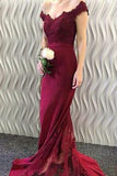 Off-the-Shoulder Burgundy Lace Appliques Long Mermaid Prom Dresses