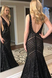 Sexy Deep V-Neck Rose Gold Sequins Mermaid Black Long Backless Prom Dresses