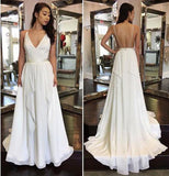 Simple Cheap Sexy Ivory A-line Chiffon V-Neck Sleeveless Ruffles Backless Wedding