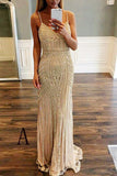 Luxurious Mermaid Spaghetti Straps V-Neck Sparkly Open Back Prom Dress Party Dress