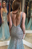 Backless Mermaid Beaded Long Tulle V-Neck Sleeveless Zipper-up Prom Dresses