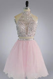 Halter High Neck Beaded Bodice Two Piece Fall Gary Tulle Open Back Homecoming