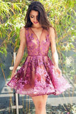 A-Line V-Neck Sleeveless Short Grape Tulle Short Cute Homecoming Dress with Appliques